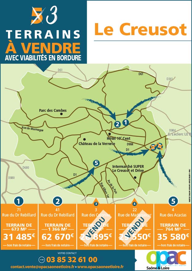 3 terrains à vendre au Creusot, Saône-et-Loire 71, OPAC Saône-et-Loire